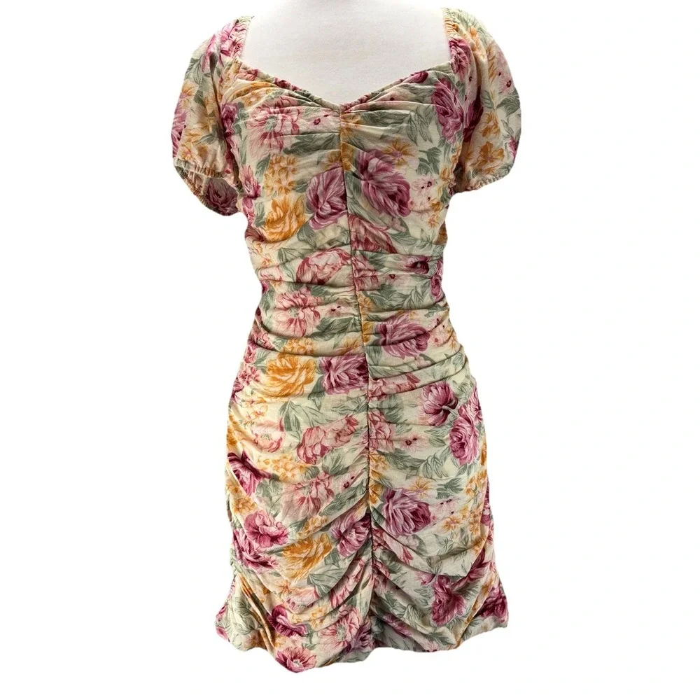 American Eagle Floral Ruched‎ Mini Dress Linen Cotton Puff Sleeve Cottagecore M